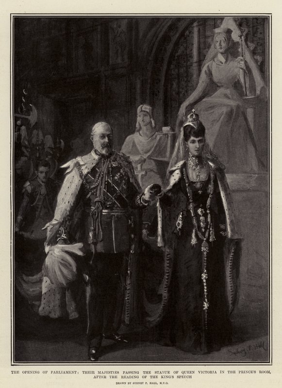 La Apertura del Parlamento, Sus Majestades pasando la Estatua de la Reina Victoria en la Sala del Príncipe, después de la Lectura del Discurso del Rey de Sydney Prior Hall