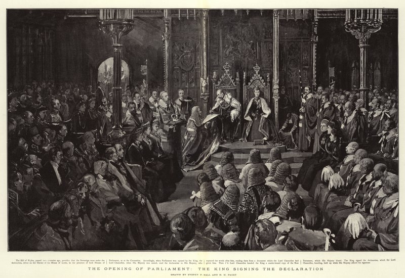 La apertura del Parlamento, el Rey firmando la Declaración de Sydney Prior Hall