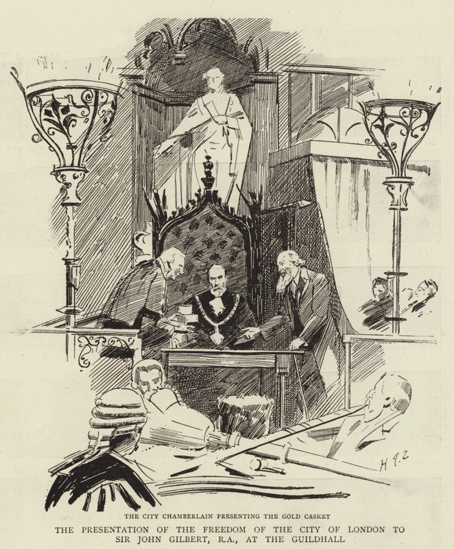 La presentación de la libertad de la ciudad de Londres a Sir John Gilbert, RA, en el Guildhall de Sydney Prior Hall