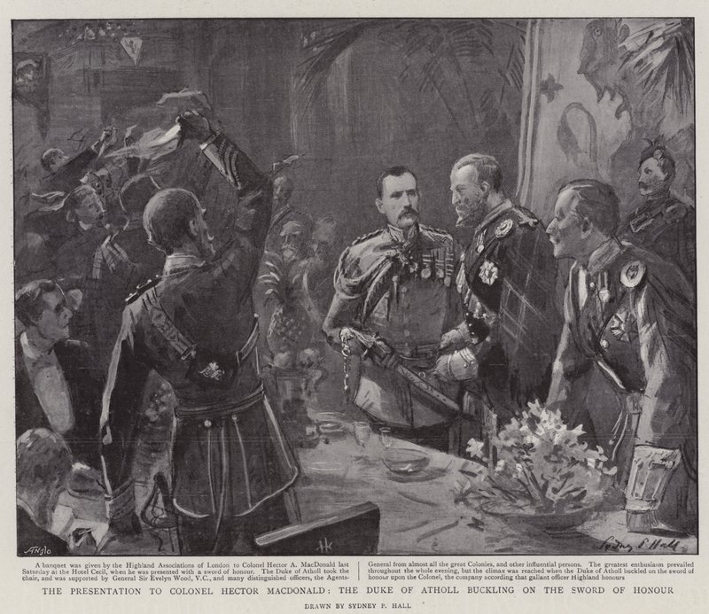 La presentación al Coronel Hector MacDonald, el Duque de Atholl abrochando la Espada de Honor de Sydney Prior Hall