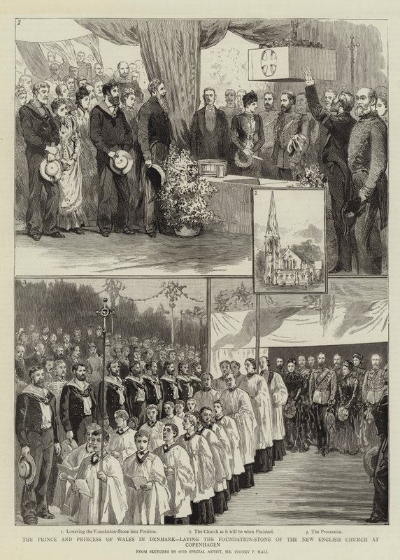 El Príncipe y la Princesa de Gales en Dinamarca, colocando la piedra fundamental de la nueva iglesia inglesa en Copenhague de Sydney Prior Hall