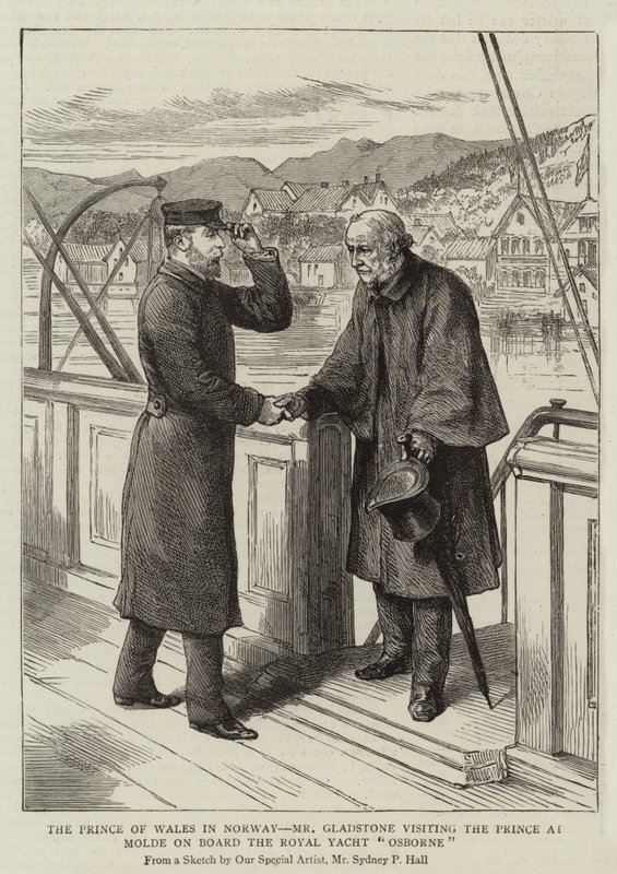 El Príncipe de Gales en Noruega, el Sr. Gladstone visitando al Príncipe en Molde a bordo del yate real Osborne de Sydney Prior Hall