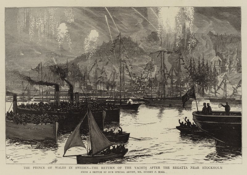 El príncipe de Gales en Suecia, el regreso de los yates después de la regata cerca de Estocolmo de Sydney Prior Hall