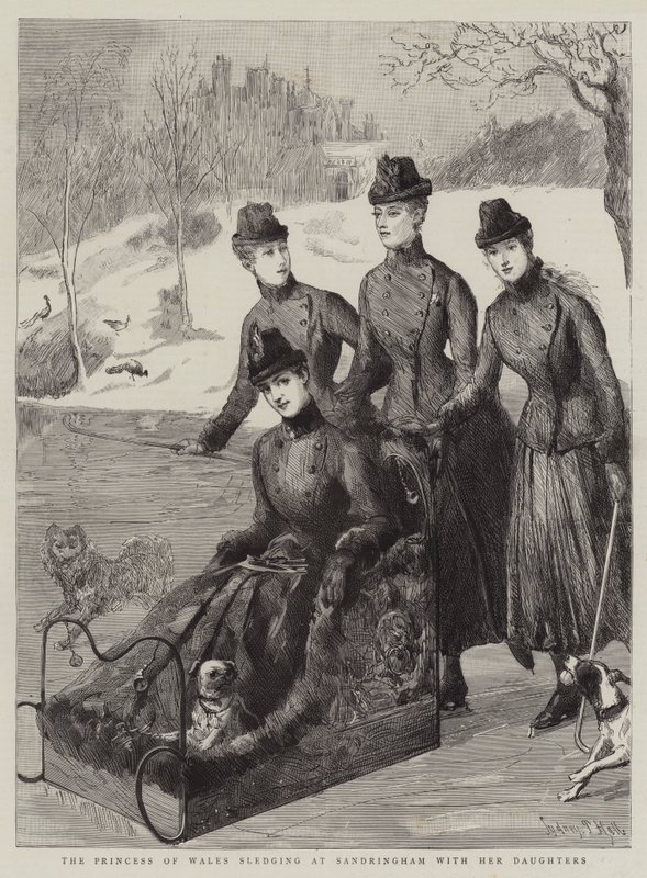 La Princesa de Gales en trineo en Sandringham con sus Hijas de Sydney Prior Hall