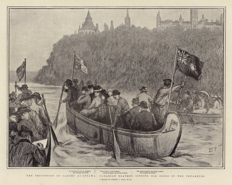 La Procesión de Canoas en Ottawa, Barqueros Canadienses Cantando Viejas Canciones de los Voyageurs de Sydney Prior Hall