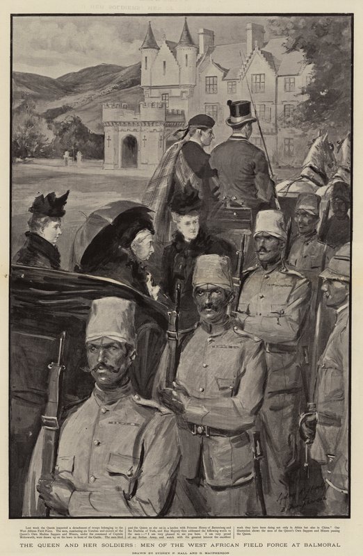 La Reina y sus soldados, hombres de la Fuerza de Campo de África Occidental en Balmoral de Sydney Prior Hall
