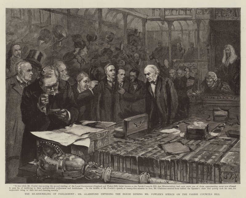 La reconstitución del Parlamento, el Sr. Gladstone entrando en la Cámara durante el discurso del Sr. Fowler sobre el proyecto de ley de los Consejos Parroquiales de Sydney Prior Hall
