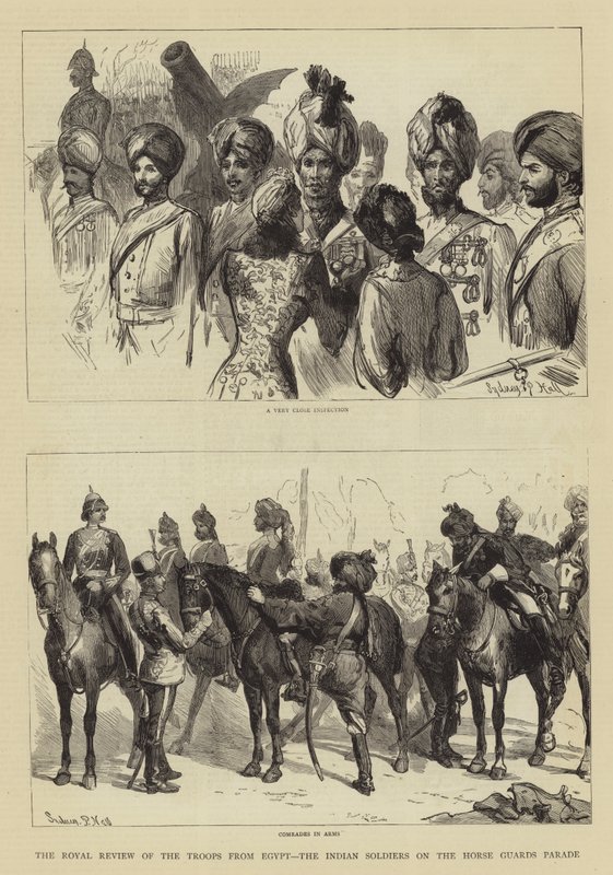 La revisión real de las tropas de Egipto, los soldados indios en el desfile de Horse Guards de Sydney Prior Hall