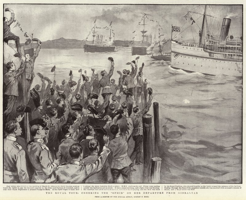 El tour real, vitoreando al Ophir en su partida de Gibraltar de Sydney Prior Hall
