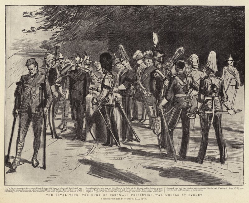 El tour real, el duque de Cornualles presentando medallas de guerra en Sídney de Sydney Prior Hall