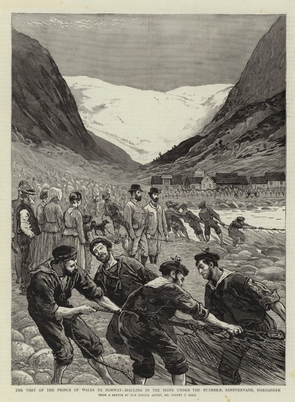 La visita del Príncipe de Gales a Noruega, tirando de la red bajo el Buarbrae, Sandvenvand, Hardanger de Sydney Prior Hall