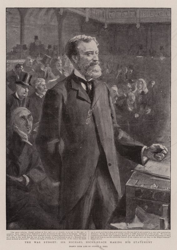 El presupuesto de guerra, Sir Michael Hicks-Beach haciendo su declaración de Sydney Prior Hall