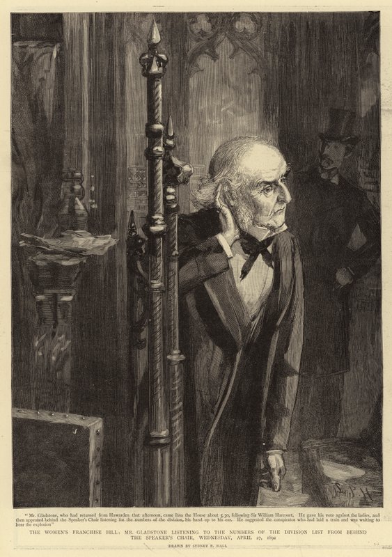 El Proyecto de Ley de Franquicia de las Mujeres, el Sr. Gladstone escuchando los Números de la Lista de División desde detrás de la Silla del Presidente, Miércoles, 27 de abril de 1892 de Sydney Prior Hall