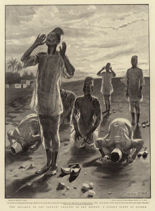 El avance en Sudán, oraciones en el desierto, una escena al atardecer en Berber de Sydney Prior Hall
