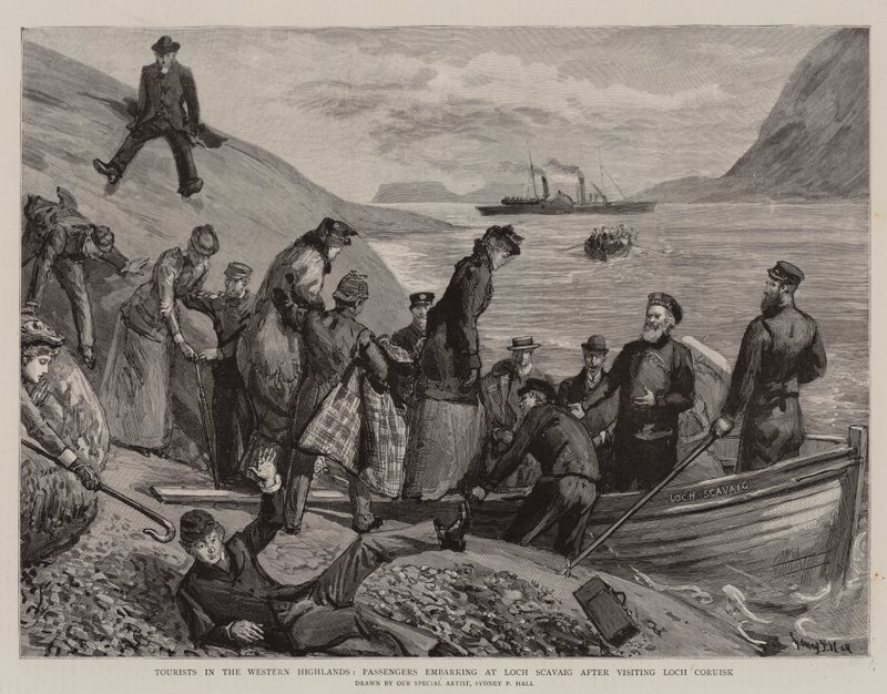 Turistas en las Tierras Altas Occidentales, Pasajeros embarcando en Loch Scavaig después de visitar Loch Coruisk de Sydney Prior Hall
