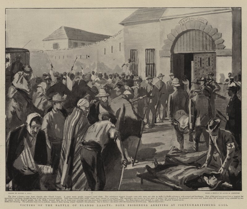 Víctimas de la Batalla de Elands Laagte, prisioneros bóer llegando a la cárcel de Pietermaritzburg de Sydney Prior Hall
