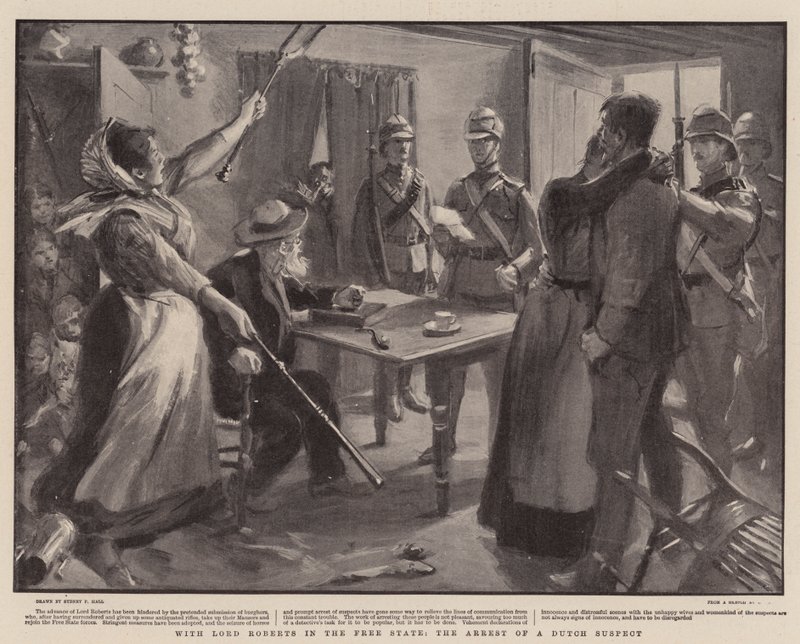 Con Lord Roberts en el Estado Libre, el arresto de un sospechoso holandés de Sydney Prior Hall