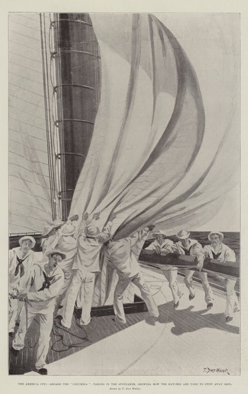La Copa América, a bordo del Columbia, recogiendo el spinnaker, mostrando cómo se usan las escotillas para guardar la vela de T. Dart Walker