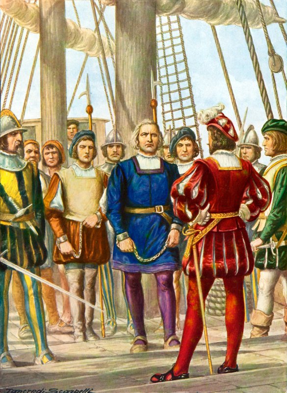 Cristóbal Colón y sus hermanos Bartolomeo y Diego son tomados prisioneros en un barco que los llevará a España de Tancredi Scarpelli