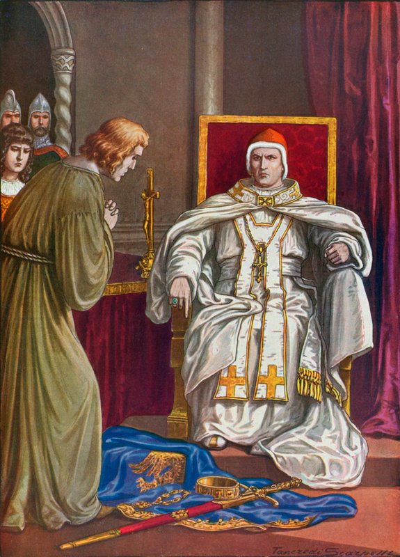 El emperador del Sacro Imperio Romano Germánico Enrique IV haciendo penitencia para revertir su excomunión por el Papa Gregorio VII de Tancredi Scarpelli