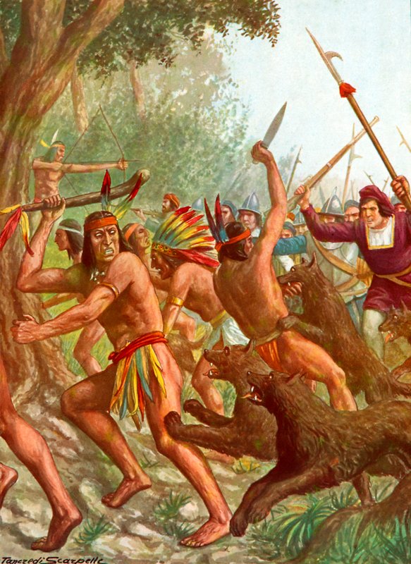 Indios perseguidos por perros usados por los españoles en batalla de Tancredi Scarpelli