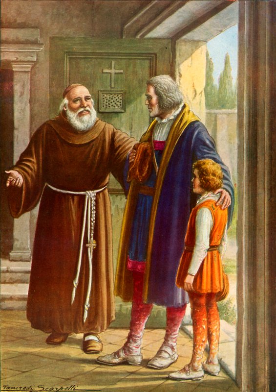 El guardián de Rábida dando la bienvenida a Cristóbal Colón y su hijo pequeño de Tancredi Scarpelli