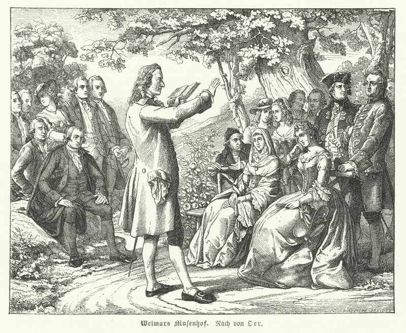 La Corte de las Musas de Weimar: el poeta y dramaturgo alemán Friedrich Schiller leyendo en Schloss Tiefurt, con Christoph Martin Wieland, Johann Wolfgang Goethe y Johann Gottfried Herder entre los oyentes de Theobald Reinhold von Oer