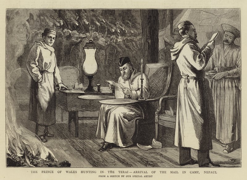 El Príncipe de Gales cazando en el Terai, llegada del correo en el campamento, Nepal de Theodore Blake Wirgman