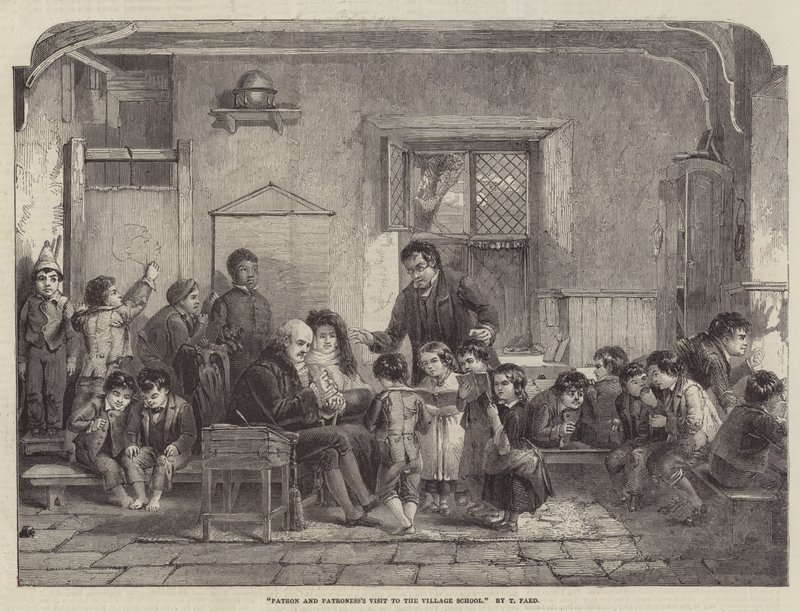 Visita del patrón y la patrona a la escuela del pueblo de Thomas Faed