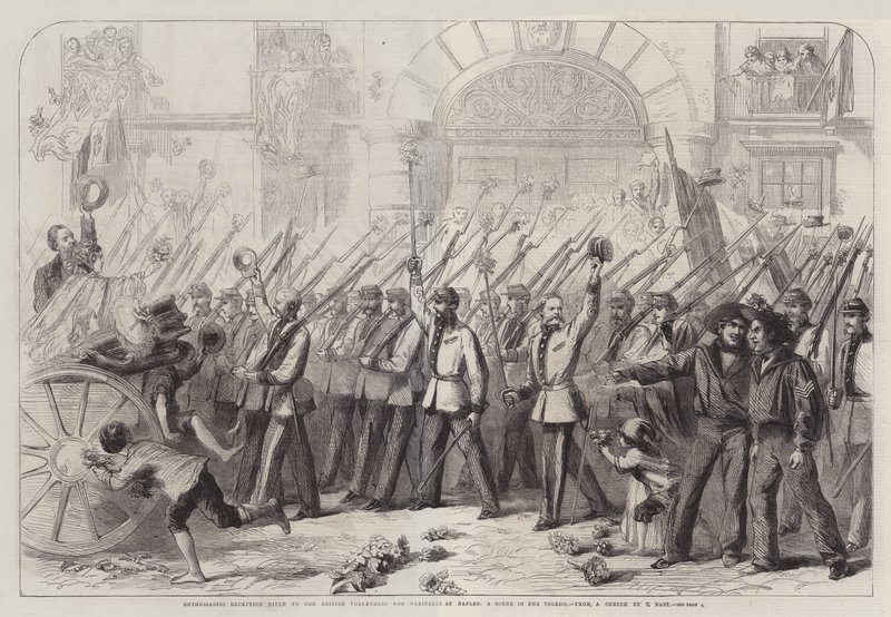 Recepción entusiasta dada a los voluntarios británicos para Garibaldi en Nápoles, una escena en el Toledo de Thomas Nast