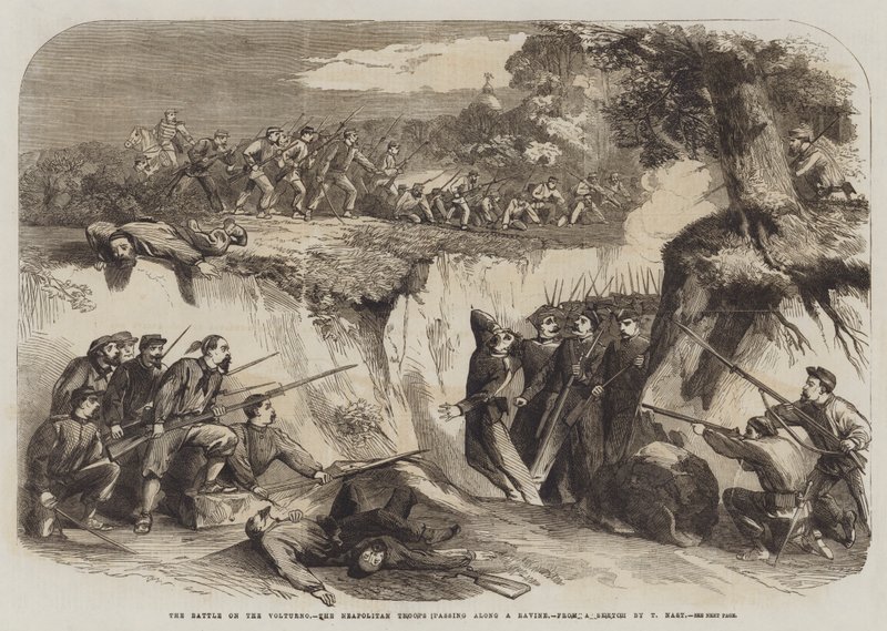 La batalla en el Volturno, las tropas napolitanas pasando por un barranco de Thomas Nast