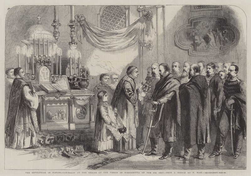 La revolución en Nápoles, Garibaldi en el Santuario de la Virgen de Piedigrotta el 8 del mes de Thomas Nast