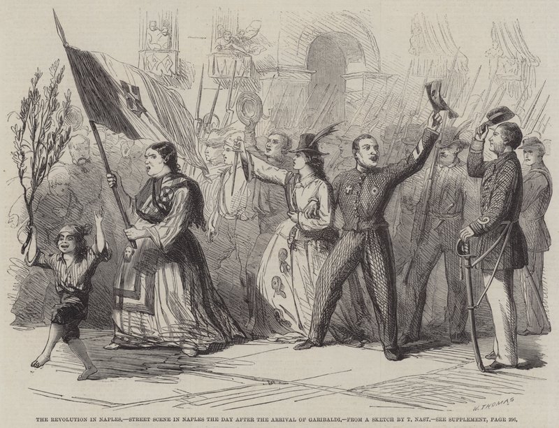 La Revolución en Nápoles, Escena Callejera en Nápoles el Día después de la Llegada de Garibaldi de Thomas Nast