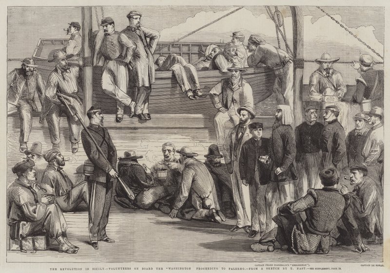 La revolución en Sicilia, voluntarios a bordo del Washington rumbo a Palermo de Thomas Nast