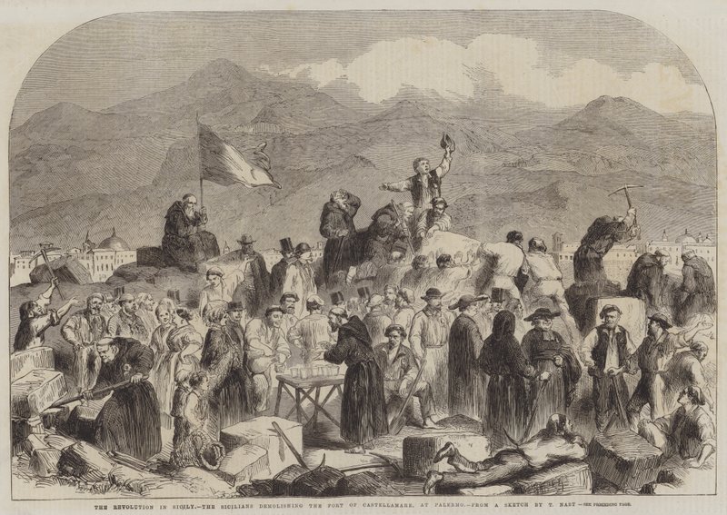 La revolución en Sicilia, los sicilianos demoliendo el Fuerte de Castellamare, en Palermo de Thomas Nast