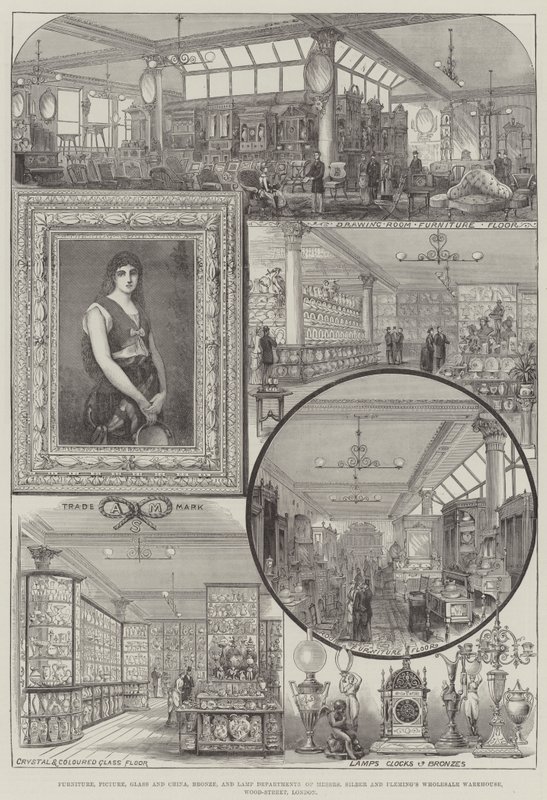 Muebles, Cuadros, Cristalería y China, Bronce, y Departamentos de Lámparas del Almacén Mayorista de Messers Silber y Fleming, Wood-Street, Londres de Thomas Sulman