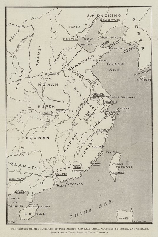 La crisis china, posiciones de Port Arthur y Kiau-Chiau, ocupadas por Rusia y Alemania, con nombres de puertos y ciudades subrayados de Thomas Sulman
