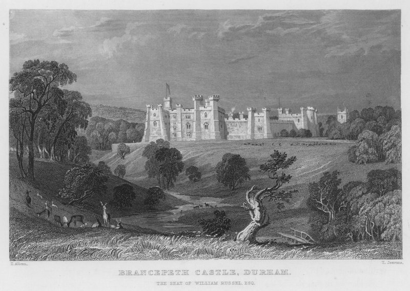 Castillo Brancepeth, Durham, la residencia de William Russel de Thomas (after) Allom