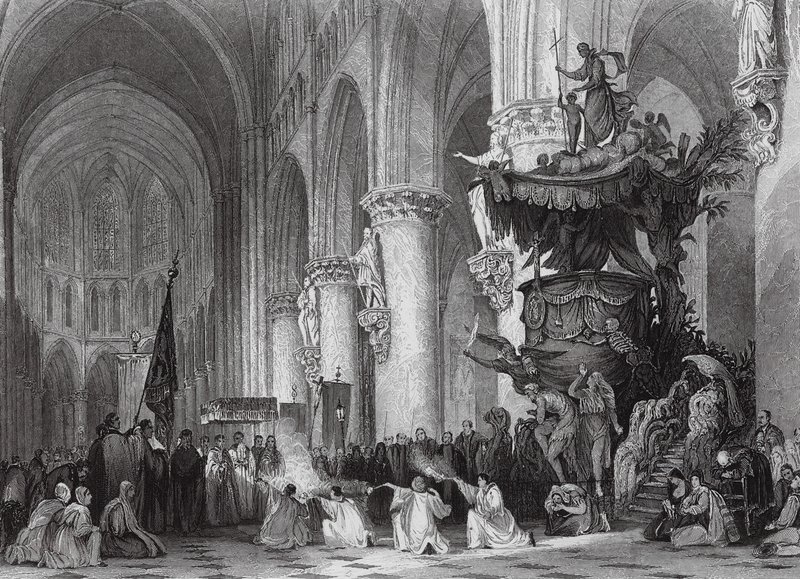 Catedral de San Gúdulo, con célebre púlpito tallado, Bruselas (grabado) de Thomas (after) Allom