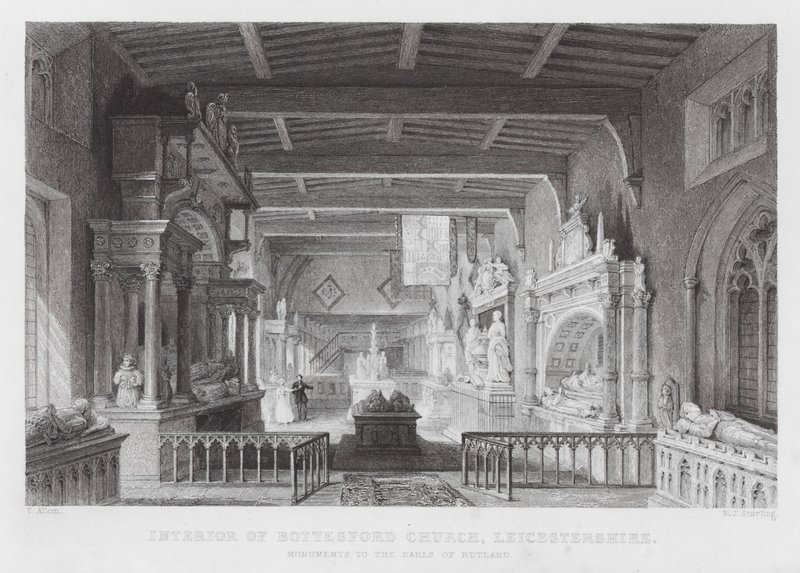 Interior de la Iglesia de Bottesford, Leicestershire, Monumentos a los Condes de Rutland (grabado) de Thomas (after) Allom