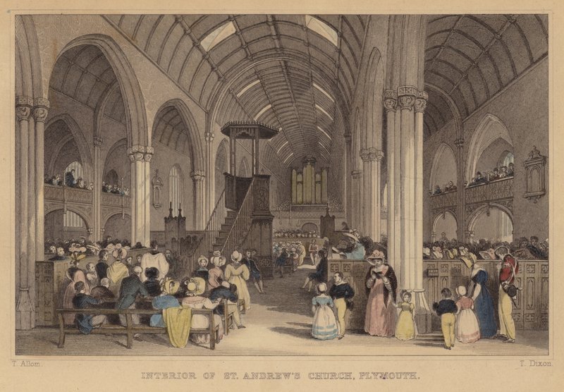 Interior de la Iglesia de San Andrés, Plymouth, Devon (grabado coloreado) de Thomas (after) Allom