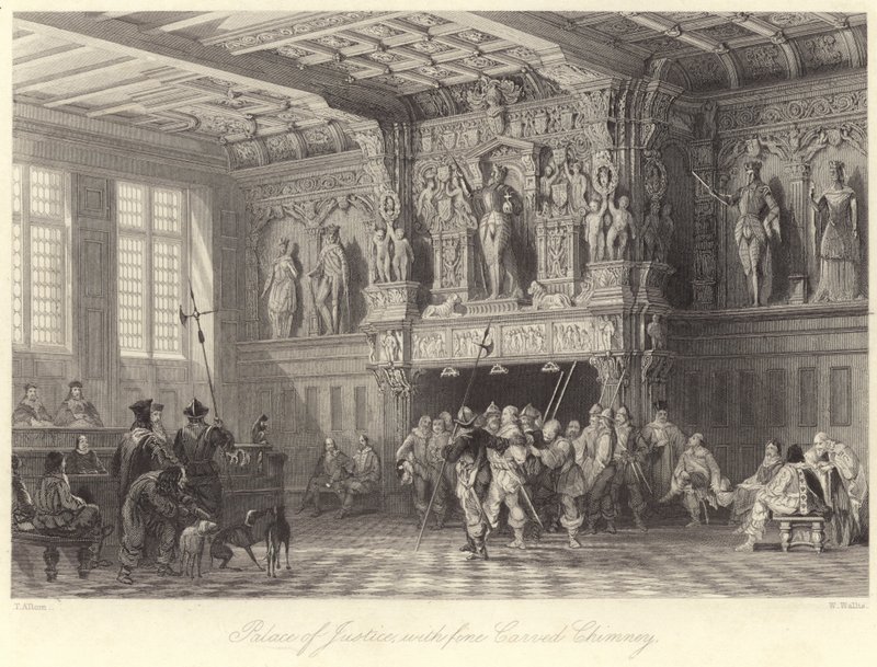 Palacio de Justicia, con fina chimenea tallada, Brujas (grabado) de Thomas (after) Allom