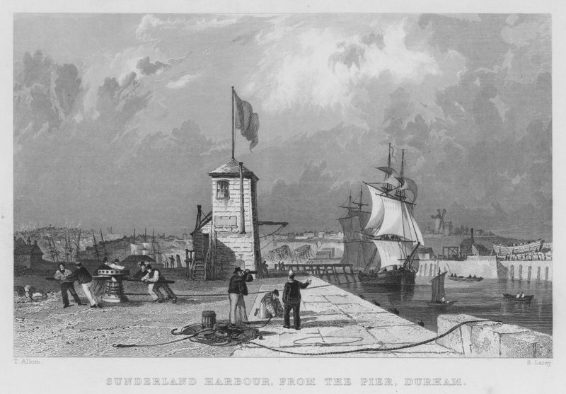 Puerto de Sunderland, desde el Muelle, Durham de Thomas (after) Allom