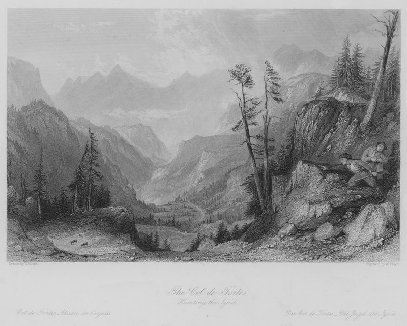 El Col de Tortes, cazando el Izoid (grabado) de Thomas (after) Allom
