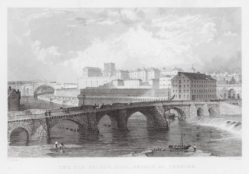 El viejo puente, molino, prisión, etc., Chester (grabado) de Thomas (after) Allom