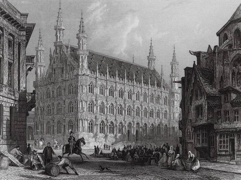 Ayuntamiento de Lovaina, con parte de la catedral (grabado) de Thomas (after) Allom