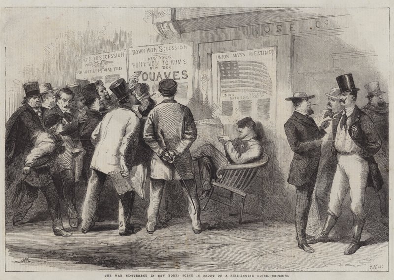 La emoción de la guerra en Nueva York, escena frente a una casa de bomberos de Thomas (after) Nast
