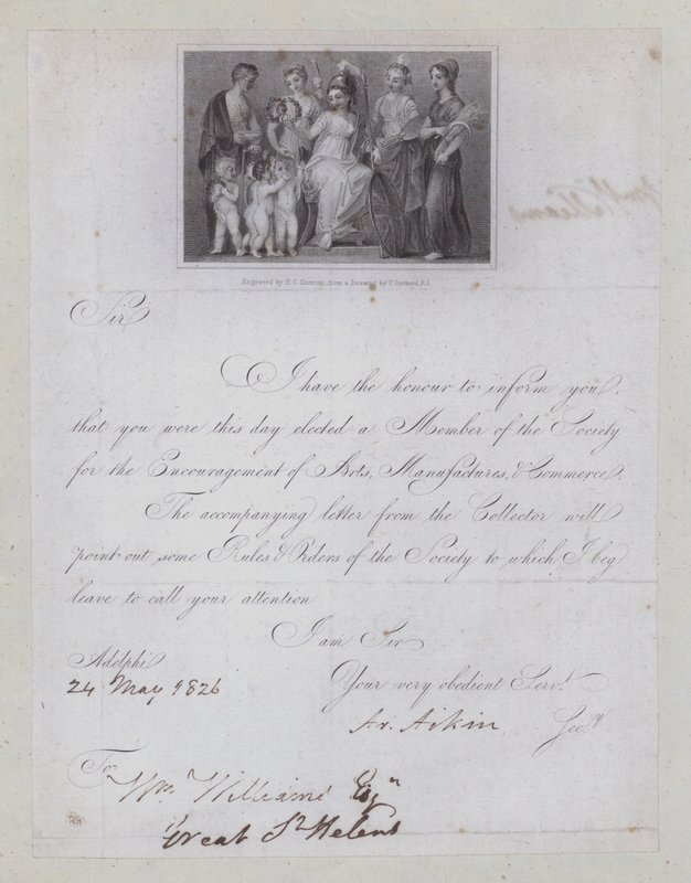 Carta de confirmación de elección a miembro de la Sociedad para el Fomento de las Artes, Manufacturas y Comercio de Thomas (after) Stothard
