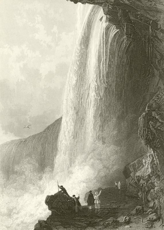 Catarata de la Herradura, Niágara. Entrada a la Caverna, en el lado inglés de Thomas Allom