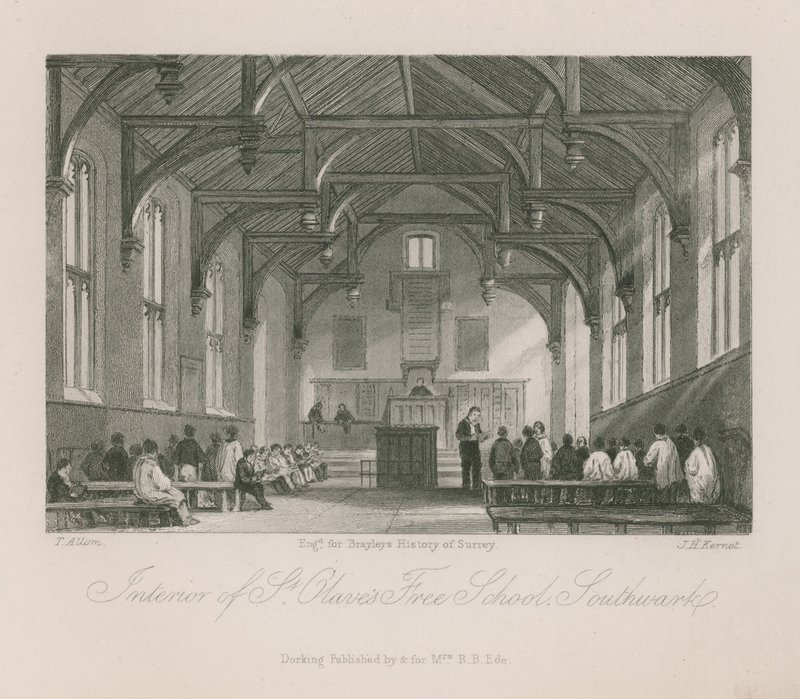 Interior de la Escuela Libre de St Olave de Thomas Allom